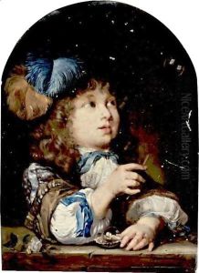 A Boy Making A Soap Bubble (Le Petit Physicien) by Caspar Netscher