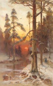 Sunset In The Winter Forest
