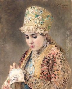 Portrait Of A Young Boyarina by Konstantin Egorovich Egorovich Makovsky