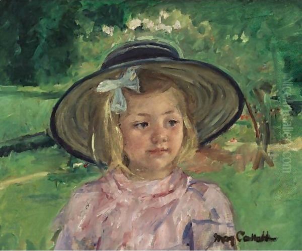 Little Girl In A Stiff, Round Hat, Looking To Right In A Sunny Garden - view 1
