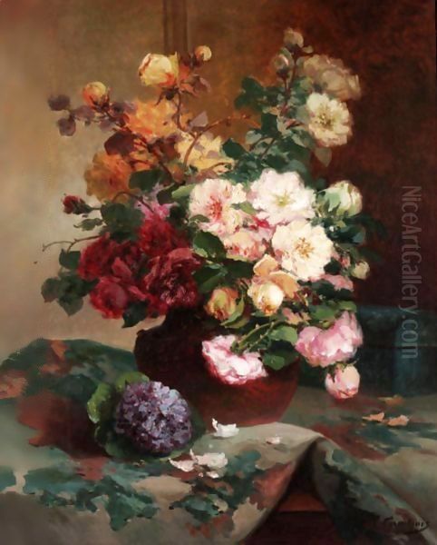 Vase De Roses Et Bouquet De Violettes - view 1