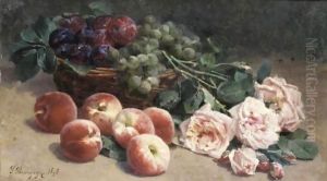 Basket Of Fruit And Roses by Pierre Bourgogne