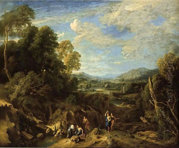 An Extensive River Landscape With Classical Figures Conversing And Mountains Beyond - view 1