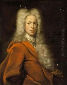 A Portrait Of A Gentleman, Half Length, Wearing A Red Coat, A White Scarf And A Wig by Cornelis Troost