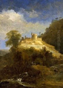 A Mountainous Landscape With A Goat Near A Stream And Travellers On A Path Towards A Castle by Adriaen Van Diest