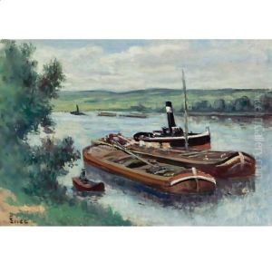 Vapeur Et Peniches Sur La Seine A Mericourt by Maximilien Luce