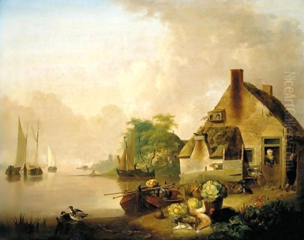 A River Landscape With Moored Sailing Boats And A Village Behind, A Still Life Of Cabbages, Carrots, Hares And A Black Hen In The Foreground - view 1