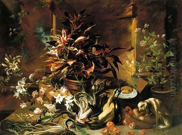 Still Life With Potted Plants And Roses, A Dog, A Basket Of Apples, Fennel, And A Semi-Plucked Rooster, A Bread Roll On A Plate And A Wine-Glass - view 1