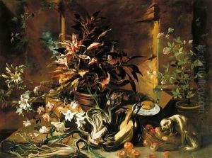 Still Life With Potted Plants And Roses, A Dog, A Basket Of Apples, Fennel, And A Semi-Plucked Rooster, A Bread Roll On A Plate And A Wine-Glass by Niccolino Van Houbraken