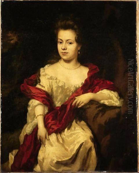 Portrait Of A Lady, Three-Quarter Length, Wearing A White Silk Dress With A Red Wrap - view 1