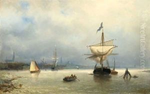 Sailing Vessels In An Estuary, Amsterdam In The Distance