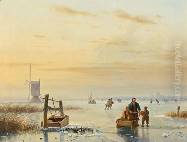 Skaters On A Frozen Waterway, Windmills In The Distance - view 1