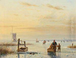 Skaters On A Frozen Waterway, Windmills In The Distance by Nicolaas Johannes Roosenboom