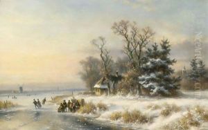 A Winter Landscape With Skaters Near A A'Koek En Zopie A' by Lodewijk Johannes Kleijn