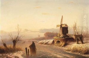 A Winter Landscape With Skaters On A Frozen Waterway by Jan Evert Morel