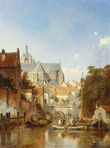 A Town Scene With Figures On A Canal A Town Scene With Figures On A Canal