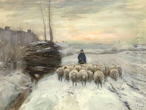 A Shepherd With His Flock In A Winter Landscape by Anton Mauve