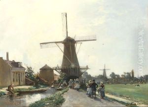 Promenade Au Bord Du Canal, Hollande by Johan Barthold Jongkind