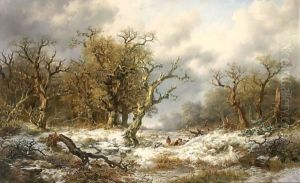 Travellers In An Extensive Snow Covered Landscape by Remigius Adriannus van Haanen