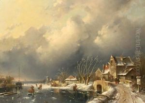 A Winter Landscape With Skaters Near A A'Koek En Zopie A' by Charles Henri Leickert