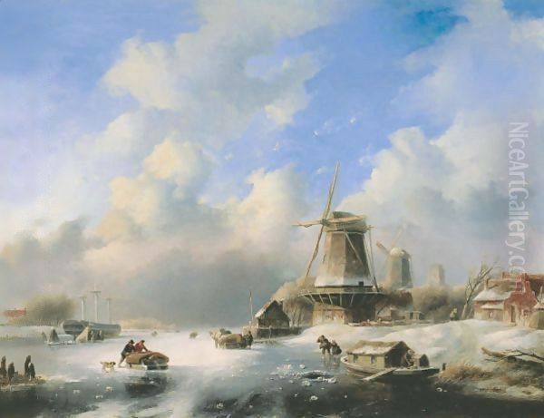 A Frozen Winter Landscape With Skaters By A Windmill - view 1
