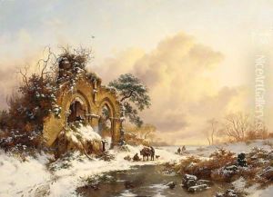 A Snowy Landscape With Figures By A Gothic Ruin