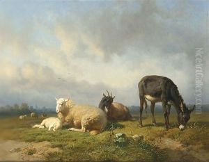 Cattle In A Meadow, A Village In The Distance by Louis Marie Dominique Romain Robbe