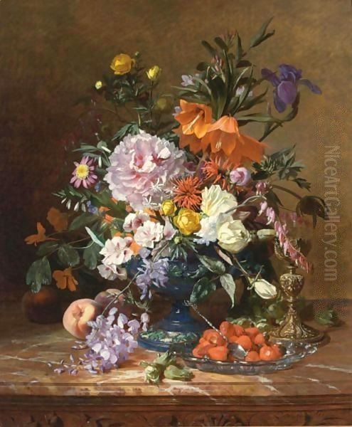 A Still Life With Flowers And Fruit by David Emil Joseph de Noter