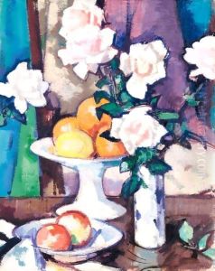 Still Life With Pink Roses And Oranges by Samuel John Peploe