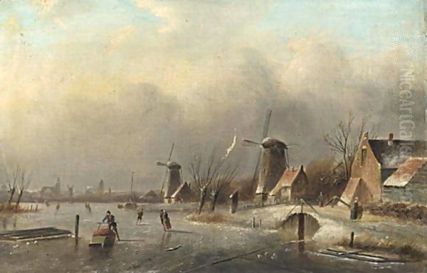 Winter Landscape With Several Skaters On A Frozen Waterway - view 1