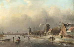 Winter Landscape With Several Skaters On A Frozen Waterway