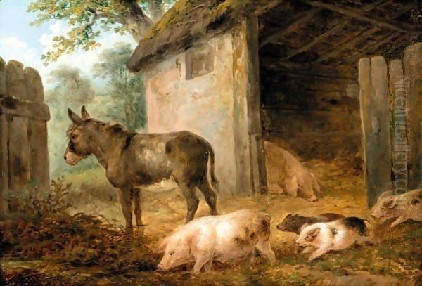 Pigs And A Donkey In A Farmyard - view 1