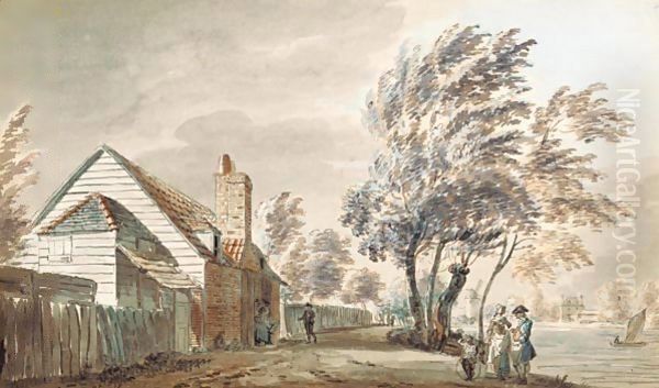 Figures On A Path By Cottages And A River - view 1