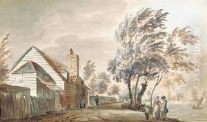 Figures On A Path By Cottages And A River Figures On A Path By Cottages And A River