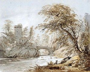 A Traveller And His Dog By A River, A Bridge And Tower Beyond by Paul Sandby