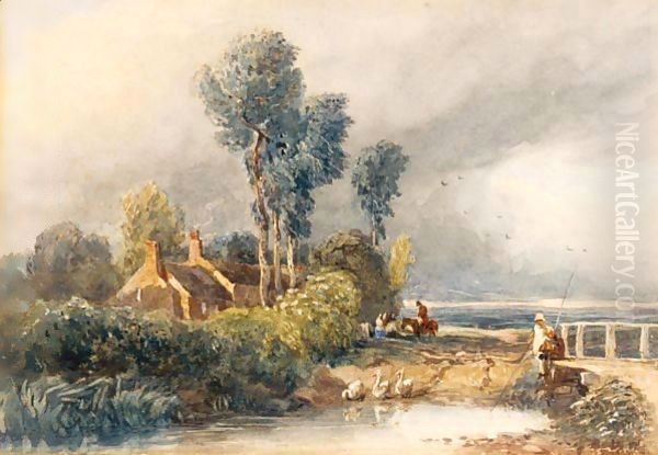 Children Fishing By A Bridge, Cottages Beyond - view 1