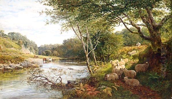 A Shepherd And Sheep On A Bank By A River, Cattle Watering Beyond - view 1