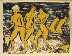 Funf Gelbe Akte Am Wasser by Otto Mueller