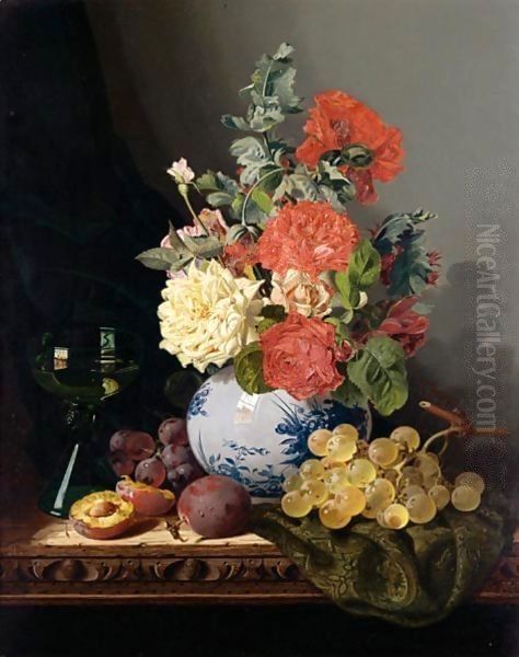 Still Life With A Vase Of Roses, Grapes, Plums And A Wine Glass On A Carved Table - view 1