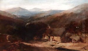 A Welsh Mountain View With Figures By A Croft