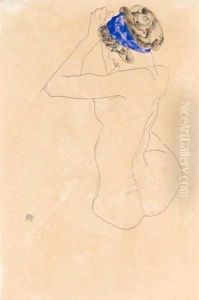 Sitzender Weiblicher Akt Mit Blauem Kopfband, Die Hande Erhoben (Seated Female Nude With Blue Headband, Hands Raised) by Egon Schiele