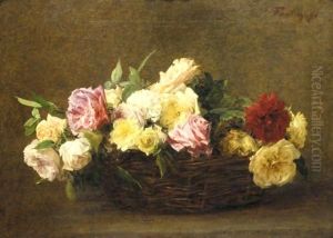Roses Dans Un Panier En Osier by Ignace Henri Jean Fantin-Latour