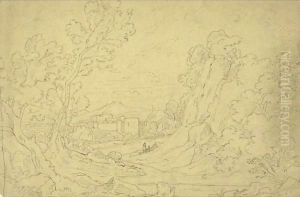 Landscape With Farmhouse And Figures by Jean-Baptiste-Camille Corot