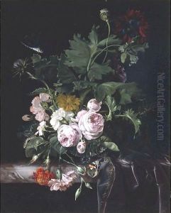 Peonies, Carnations, Thistles And Other Flowers In A Glass Vase On A Partly Draped Marble Ledge With A Butterfly And A Dragonfly by Willem Van Aelst