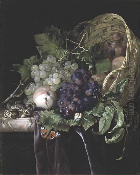 Peaches, Chestnuts And Grapes In An Overturned Basket Resting On A Partially Draped Marble Ledge - view 1