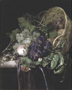 Peaches, Chestnuts And Grapes In An Overturned Basket Resting On A Partially Draped Marble Ledge