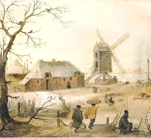 A Winter Landscape With Villagers On A Path By A Frozen River, A Windmill Beyond - view 1