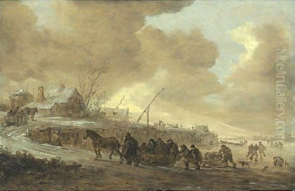 A Frozen River With Horse-Drawn Sleds On A Bank, Cottages Beyond - view 1