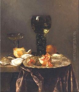 Still Life With A Roemer, A Pomegranate And Oysters All Resting On A Partially Draped Table by Abraham Hendrickz Van Beyeren