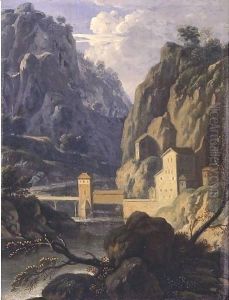 A Rocky Landscape With A Bridge And Buildings By A River A Rocky Landscape With A Bridge And Buildings By A River